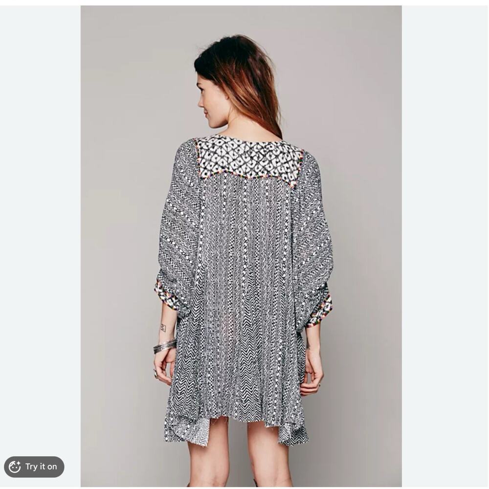 Free People One Mix Print Tunic Top Medium Dress Boho Festival Raw Hem Relaxed - Picture 3 of 15